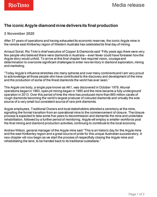 The iconic Argyle Diamond Mine delivers its final production-Rio Tinto Media Release